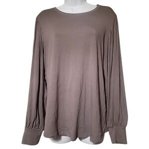 Tahari Womens Pleated Shoulder Puff Sleeve Top Gray Crew Neck Blouse L